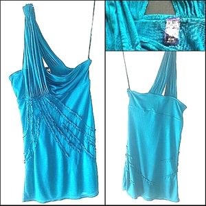 FREE PEOPLE Anthropologie TEAL Cold Shoulder BOHO Travel Top Fun Ruffles Layer